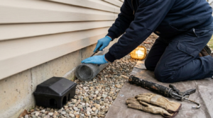Pest control technician sealing a foundation gap with metal mesh during mice exterminator exclusion work