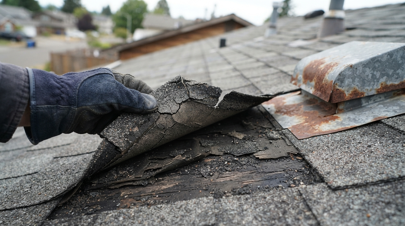 Inspector lifting a curled asphalt shingle showing granule loss and worn underlayment during a roof inspection