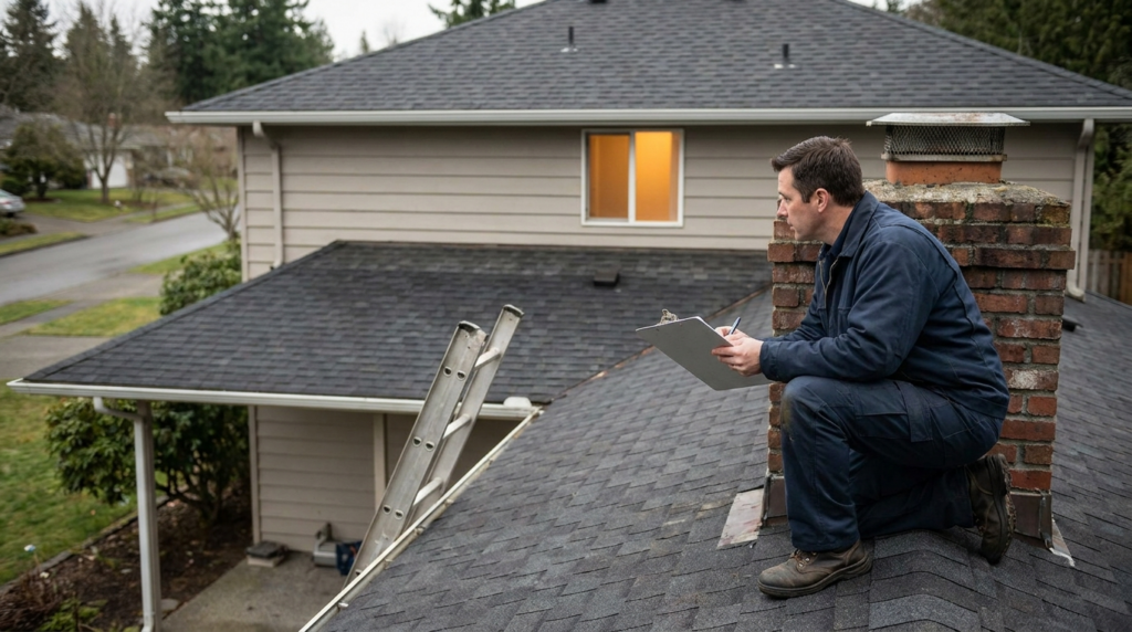 Roof inspector examining asphalt shingles near a chimney during a professional roof inspection