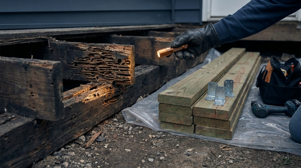 Contractor inspecting termite damage on wooden floor joists under a home before repair