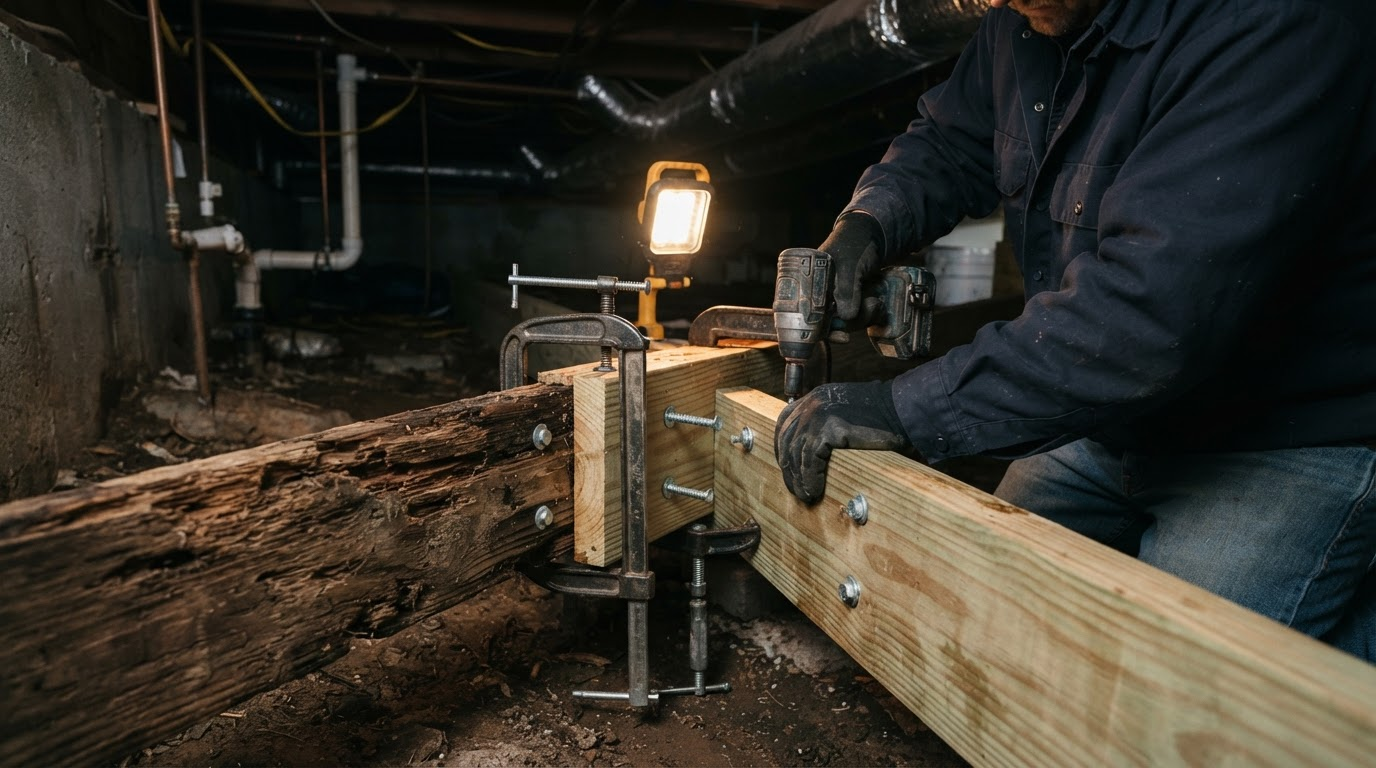 Carpenter sistering a new lumber board to a termite-damaged floor joist in a crawl space