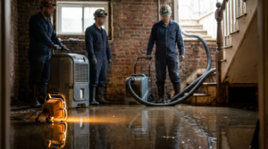 Restoration crew extracting standing water from a flooded New York brownstone basement