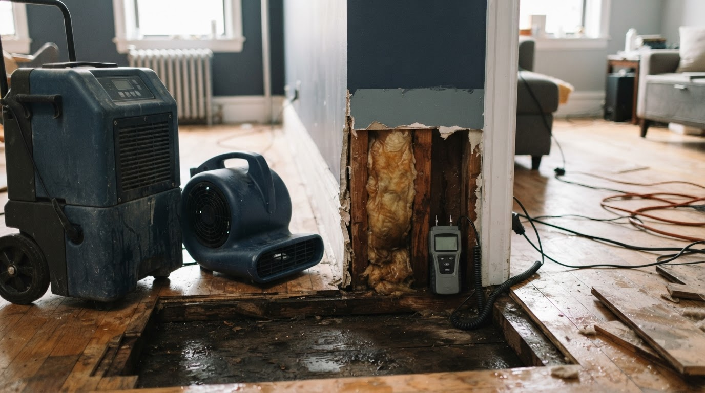 Industrial dehumidifier and air movers drying a water-damaged New York apartment floor